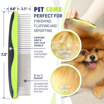 Dog & Cat Brush & Comb Pet Grooming Set - Double Side (Large) - Ultimate Deshedding Tool - Lice and Flea Removing - Perfect Groomer'S Tools - Strong Grip and Soft Bristles