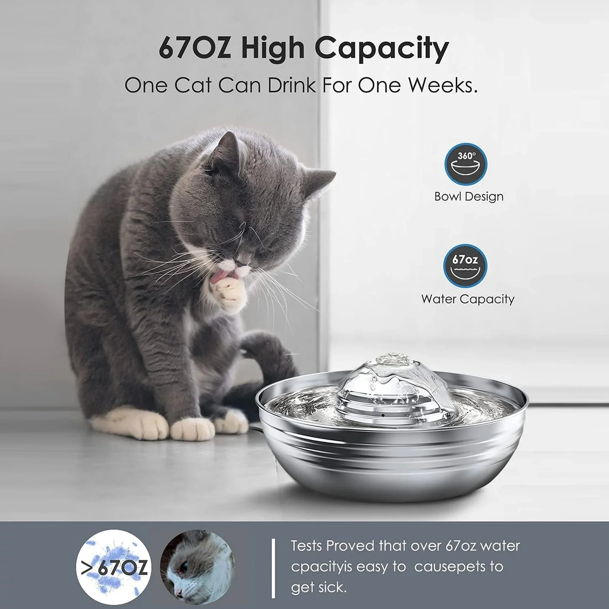 2L/67Oz Cat Water Fountain, 304 Stainless Steel Water Fountain for Cats Inside, Pet Water Fountain with 3 Filters & Quiet Pump, Cat Water Bowl with Automatic Filtration System - Silver