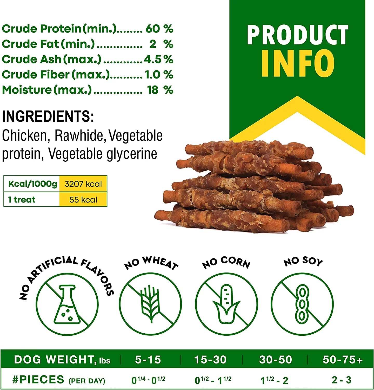 Dog Smoked Rawhide Sticks Wrapped Chicken & Pet Natural Chew Treats - Grain Free Organic Meat & Healthy Human Grade Dried Snacks in Bulk - Best Twists for Training Small & Large Dogs - Lab Tested