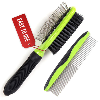 Dog & Cat Brush & Comb Pet Grooming Set - Double Side (Large) - Ultimate Deshedding Tool - Lice and Flea Removing - Perfect Groomer'S Tools - Strong Grip and Soft Bristles